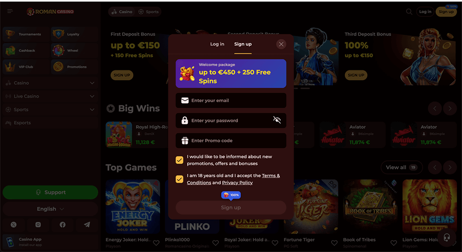 Roman Casino signup